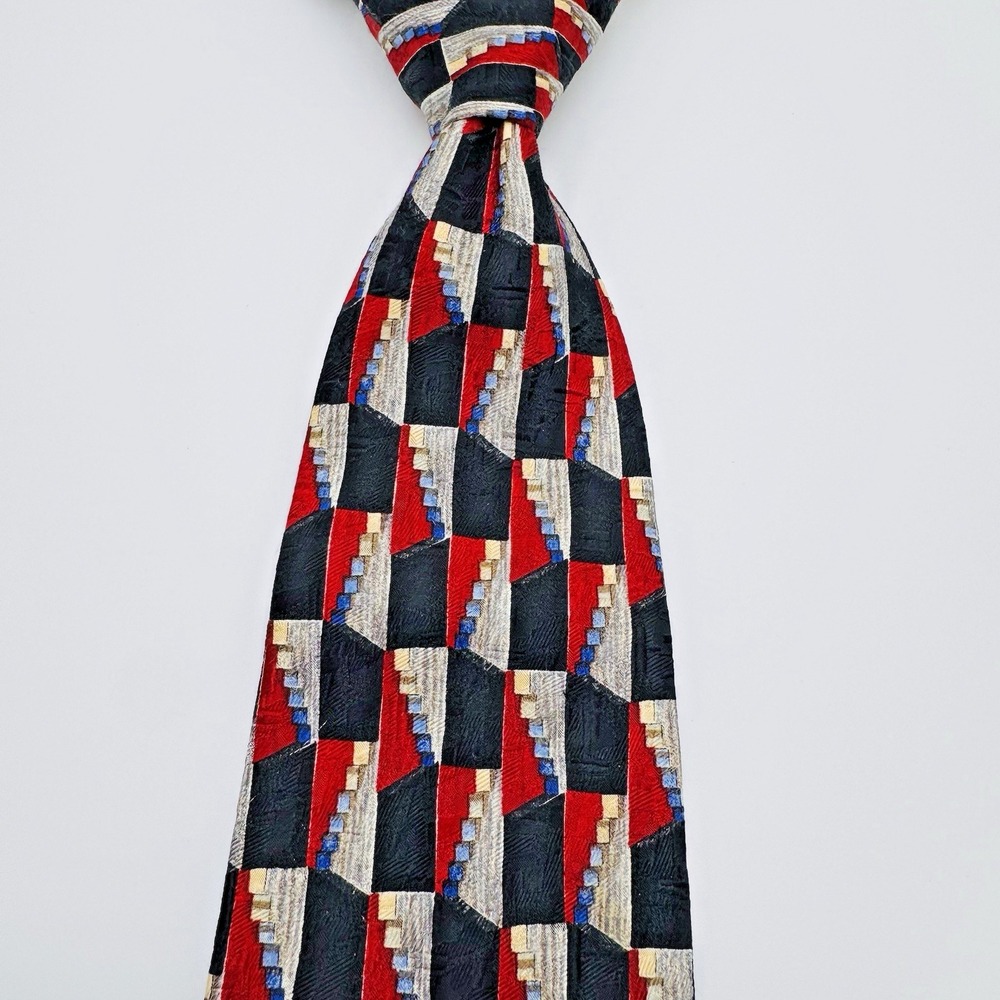 Ermenegildo Zegna Silk Tie Men 58Lx3.75 Red Black Geometric Jacquard Italian